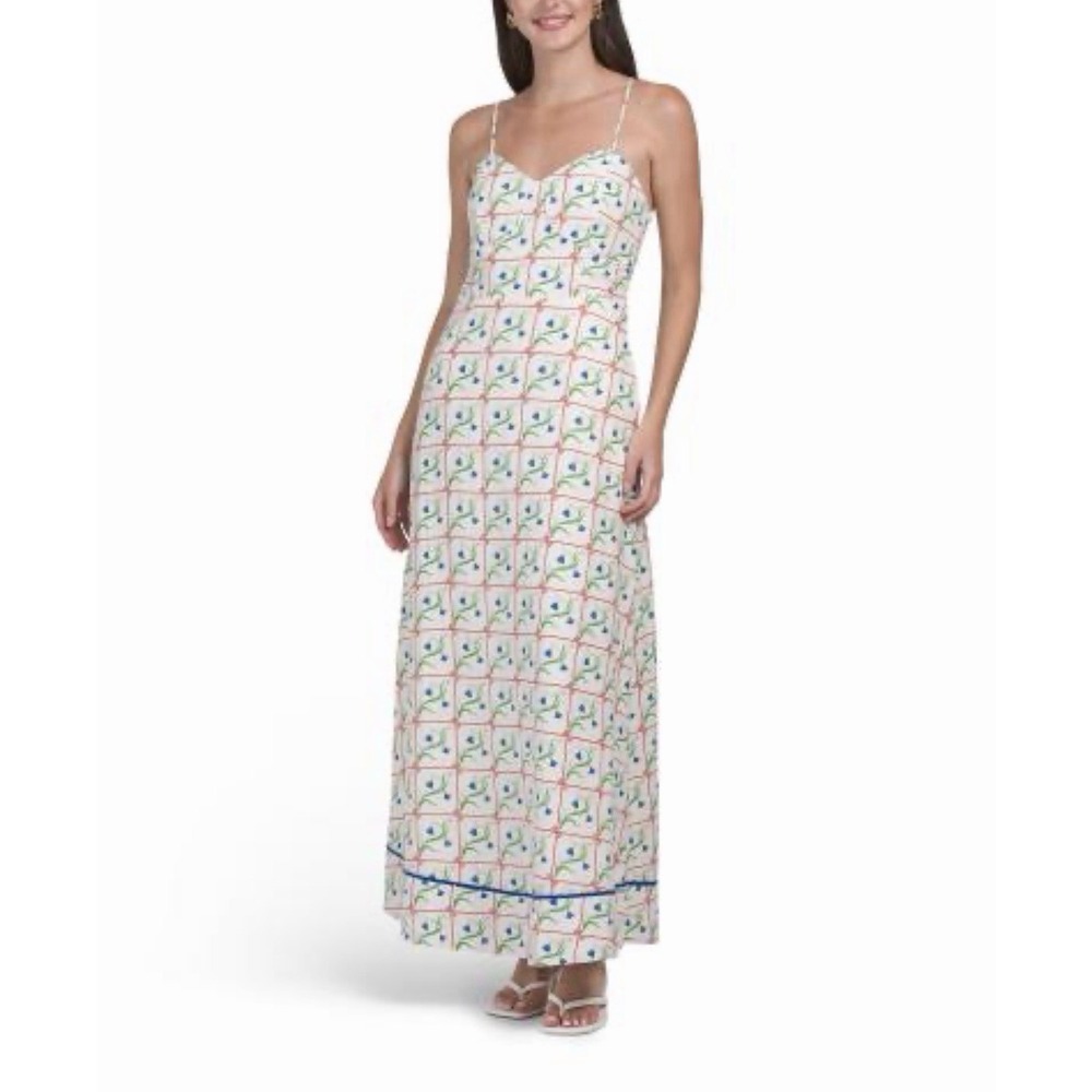 Joie Blue Bellflower Floral Maxi Dress Linen Blend Spaghetti Strap Womens 10